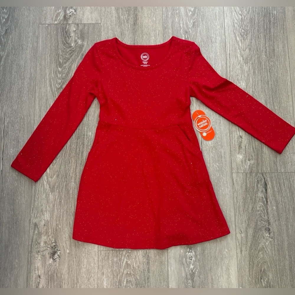 NWT Wonder Nation Girls Red Long Sleeve Dress with Sparkles Size XS(4-5)